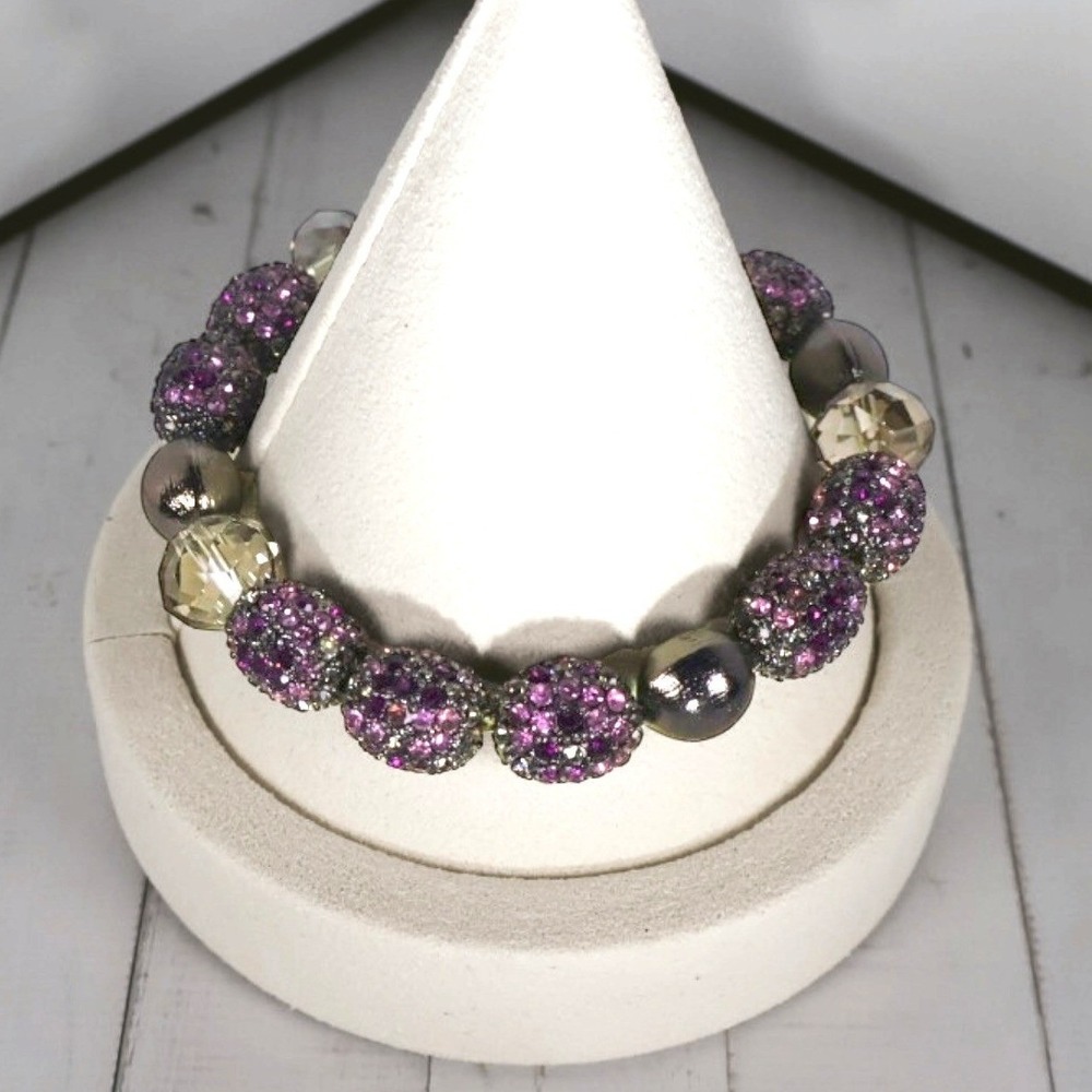 Chicos NWT Estella Purple Crystal Pave Disco Bead Gunmetal Stretch Bracelet